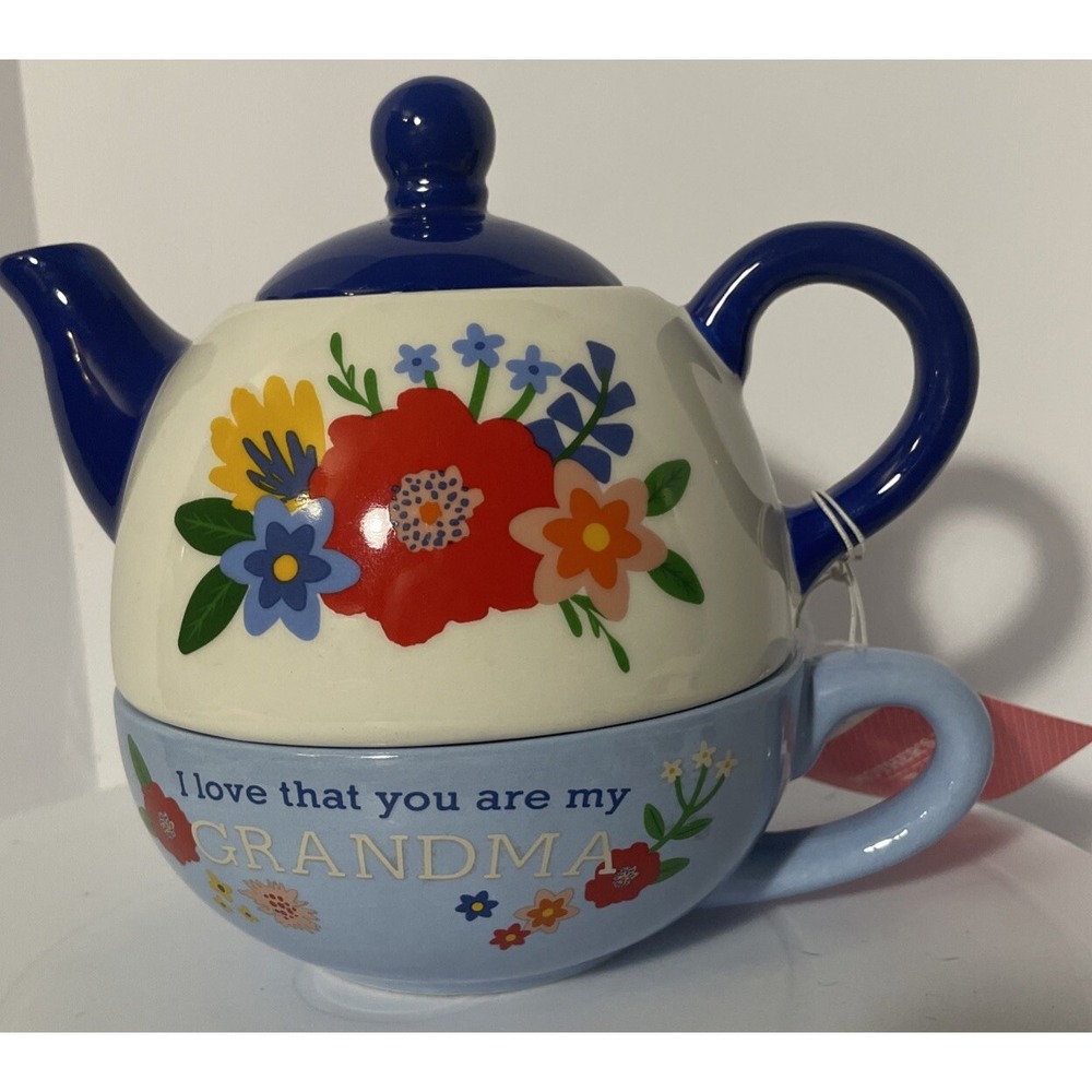Way To Celebrate Teapot‎ Mother's Day Blue And White Floral Gift Set for Grandma